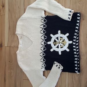 Vintage Sweater Nautical Wheel and Anchor Navy and Cream women's medium
